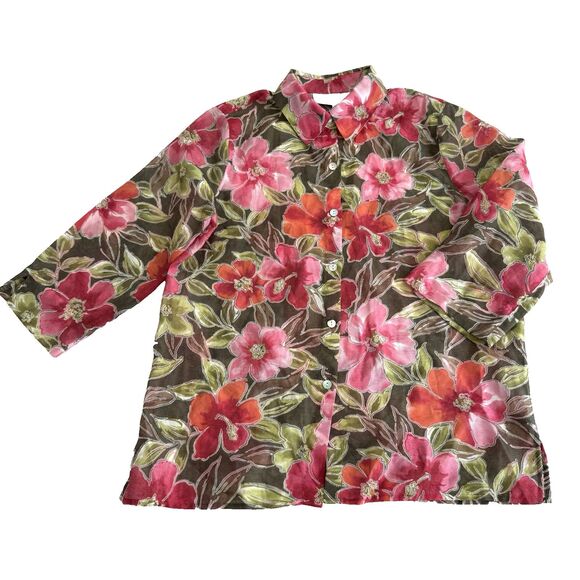 Alfred Dunner Womens Size 10 Semi Sheer Pink Floral Blouse Shirt Jacket Tropical - Picture 1 of 7